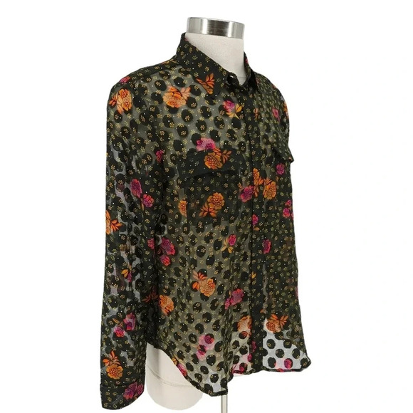 Ann Taylor LOFT Shirt Sheer Polka Dot Floral Long Sleeve Button Collared Top - Picture 3 of 7